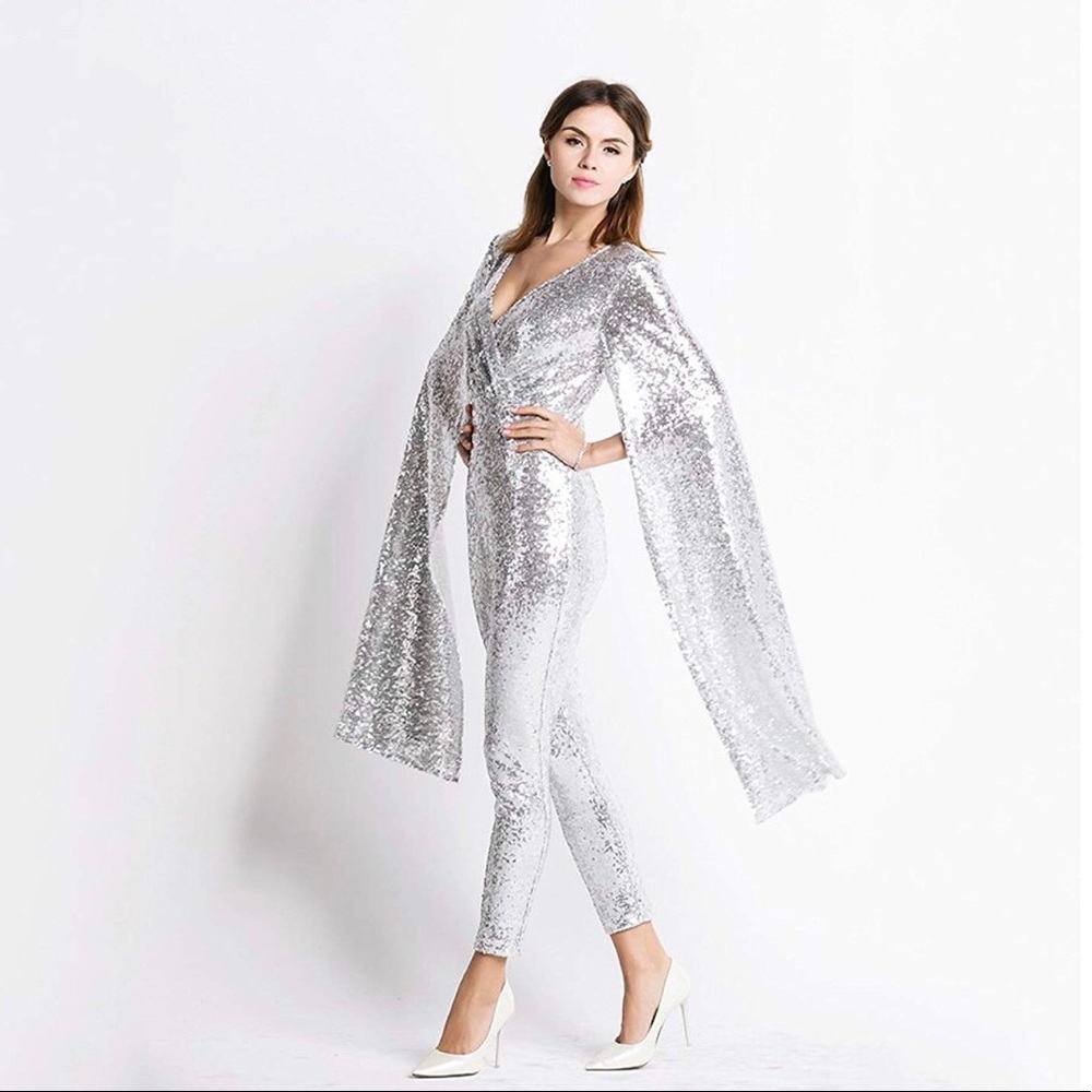 Fully Sequined Jumpsuit with Dramatic Sleeves